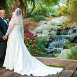 Bride and groom smiling at each other on wooden pathway next to waterfall