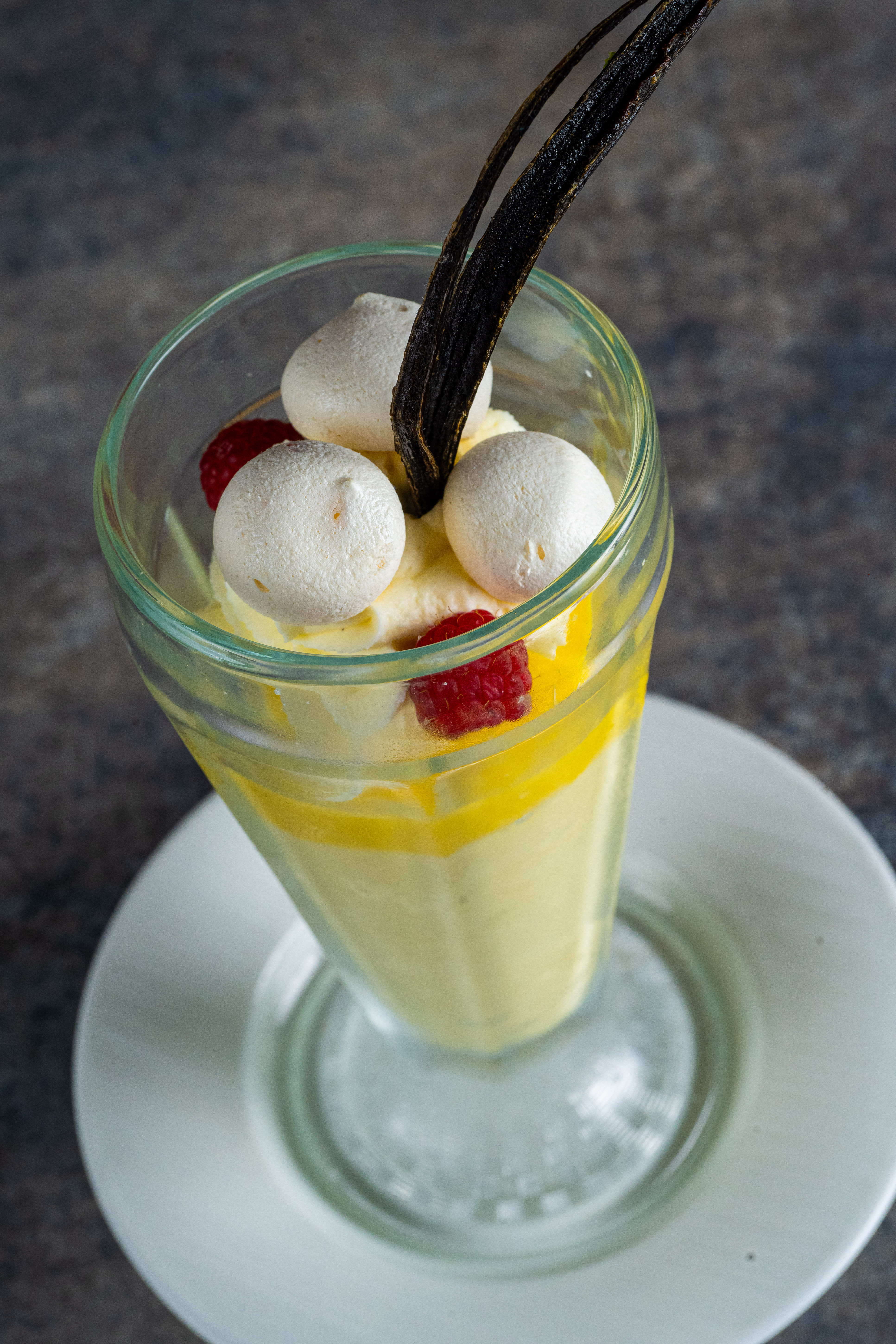 Meyer Lemon Parfait. Silky Meyer lemon custard layered with Chantilly cream and topped with delicate fresh meringue.