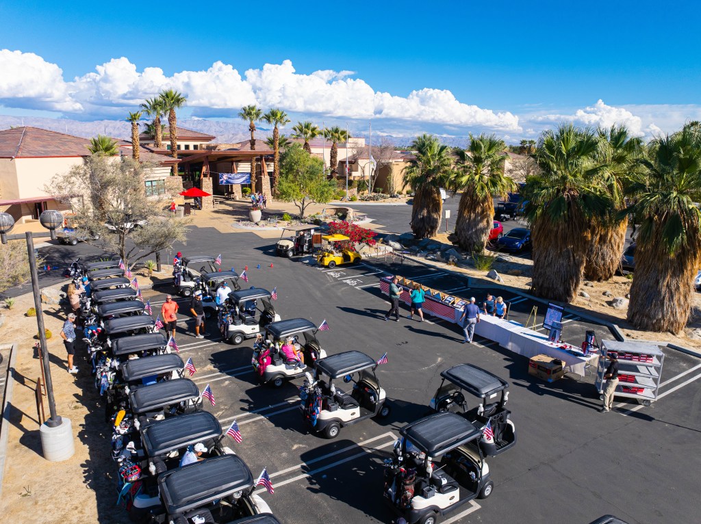 Golf carts staged for the 2025 Folds of Honor Fundraiser shotgun start at Desert Willow Golf Resort.